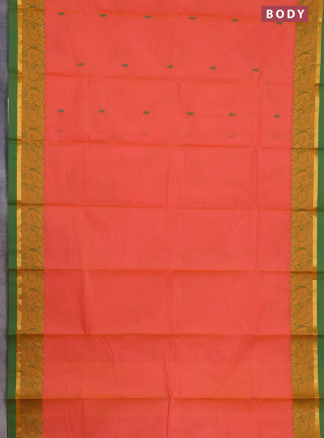 Chettinad cotton saree dual shade of pinkish orange and green with thread woven buttas and thread & zari woven border