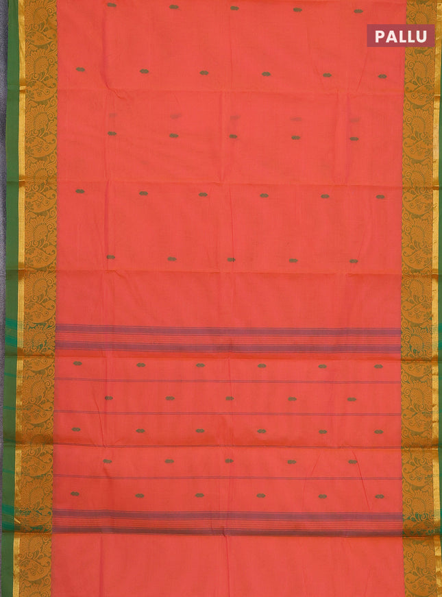Chettinad cotton saree dual shade of pinkish orange and green with thread woven buttas and thread & zari woven border