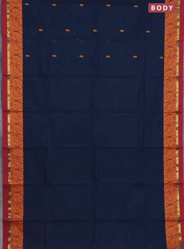 Chettinad cotton saree dark peacock blue and maroon with thread woven buttas and thread & zari woven border