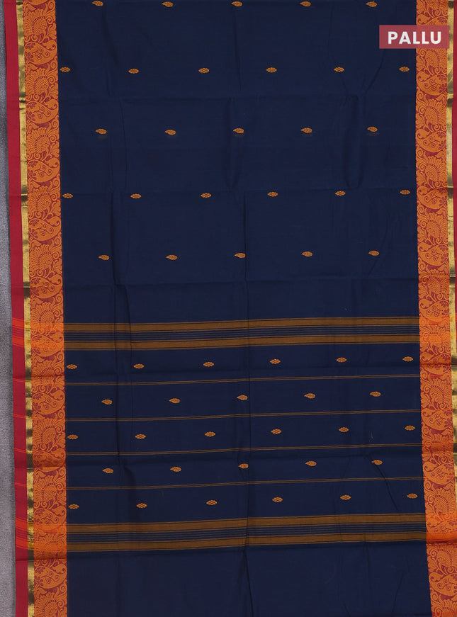 Chettinad cotton saree dark peacock blue and maroon with thread woven buttas and thread & zari woven border