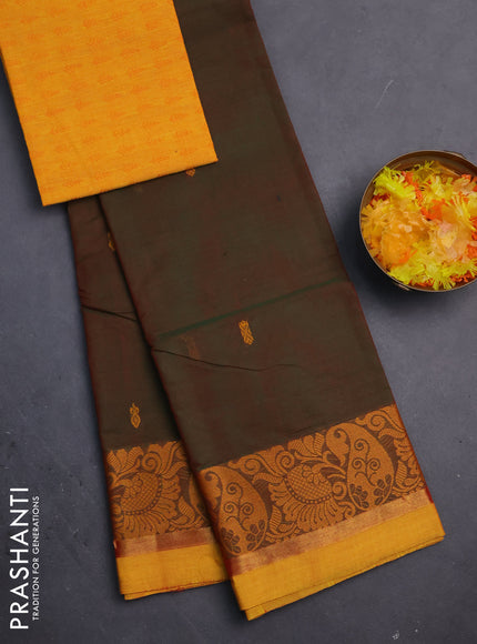 Chettinad cotton saree manthulir green and yellow with thread woven buttas and zari woven border