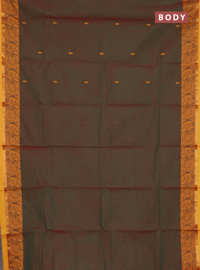 Chettinad cotton saree manthulir green and yellow with thread woven buttas and zari woven border