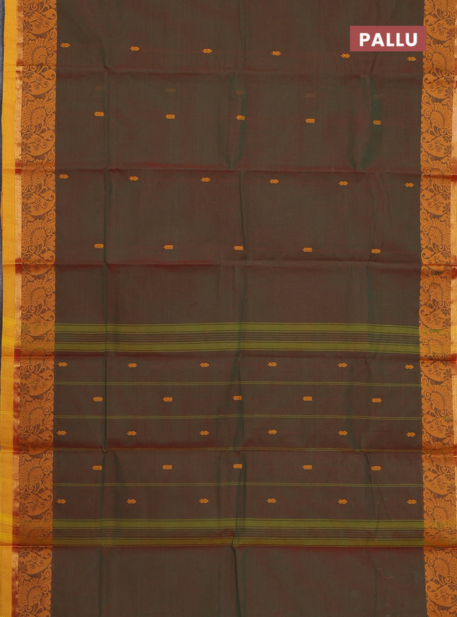 Chettinad cotton saree manthulir green and yellow with thread woven buttas and zari woven border