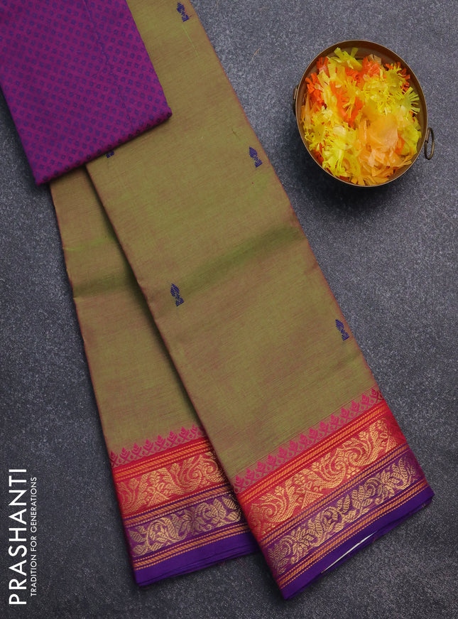 Chettinad cotton saree dual shade of green and blue with thread woven buttas and zari woven border