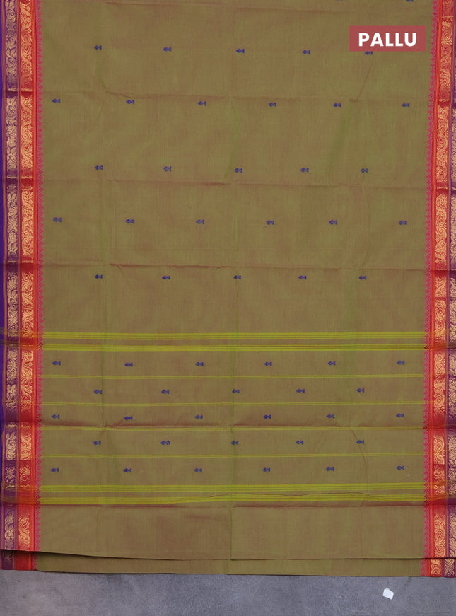 Chettinad cotton saree dual shade of green and blue with thread woven buttas and zari woven border