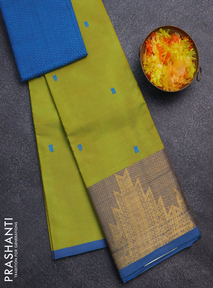 Chettinad cotton saree lime green and cs blue with thread woven buttas and temple design zari border