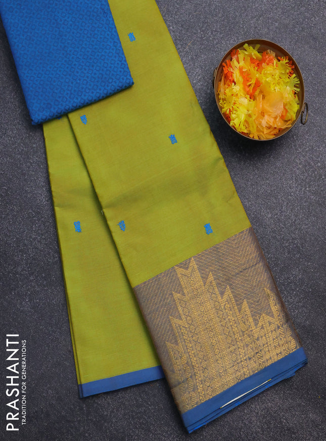 Chettinad cotton saree lime green and cs blue with thread woven buttas and temple design zari border