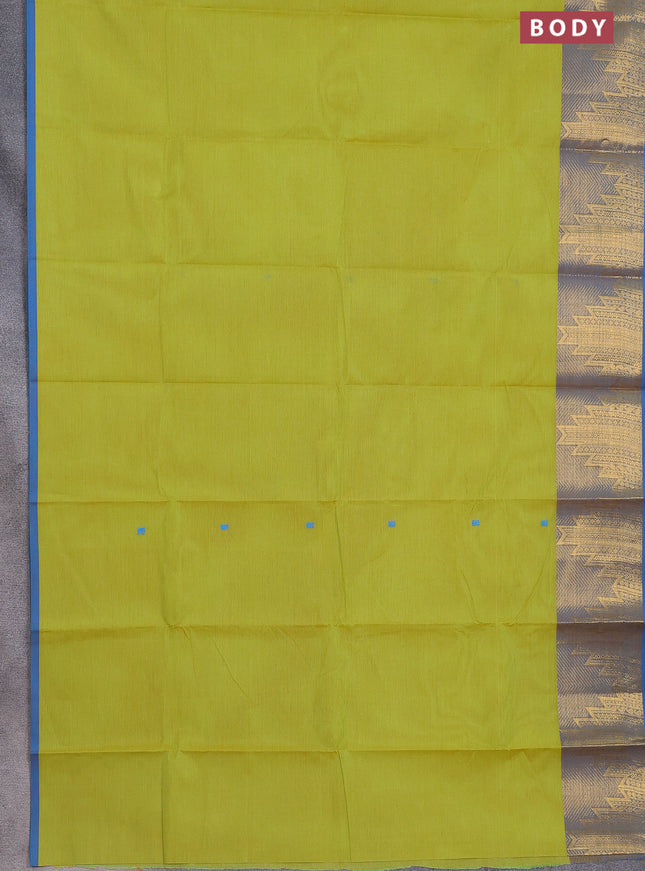 Chettinad cotton saree lime green and cs blue with thread woven buttas and temple design zari border