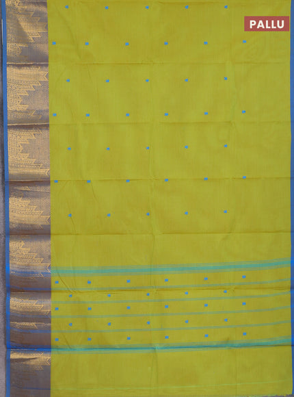Chettinad cotton saree lime green and cs blue with thread woven buttas and temple design zari border