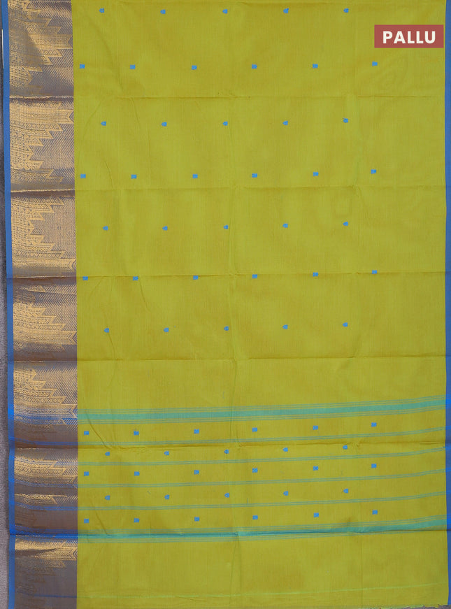 Chettinad cotton saree lime green and cs blue with thread woven buttas and temple design zari border