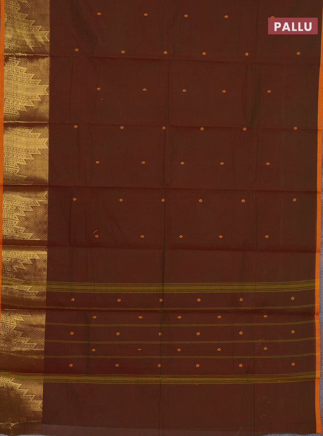 Chettinad cotton saree manthulir green and mustard shade with thread woven buttas and temple design zari border