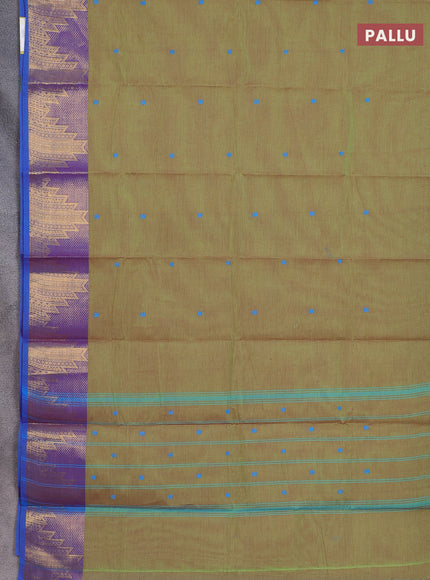 Chettinad cotton saree light green and cs blue with thread woven buttas and temple design zari border