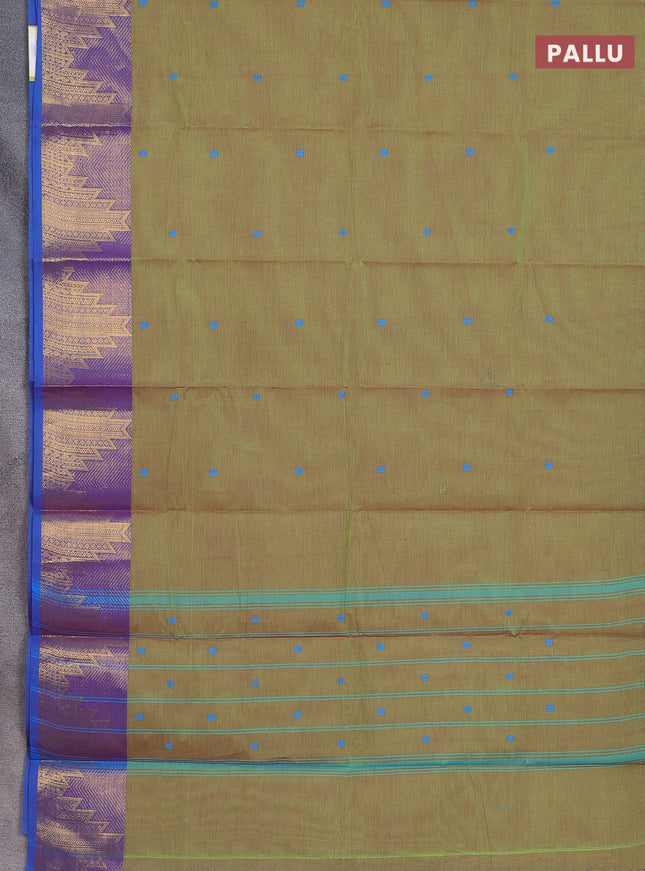 Chettinad cotton saree light green and cs blue with thread woven buttas and temple design zari border