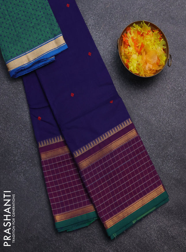 Chettinad cotton saree navy blue and green with thread woven buttas and rettapet zari checked border