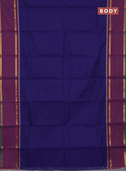 Chettinad cotton saree navy blue and green with thread woven buttas and rettapet zari checked border