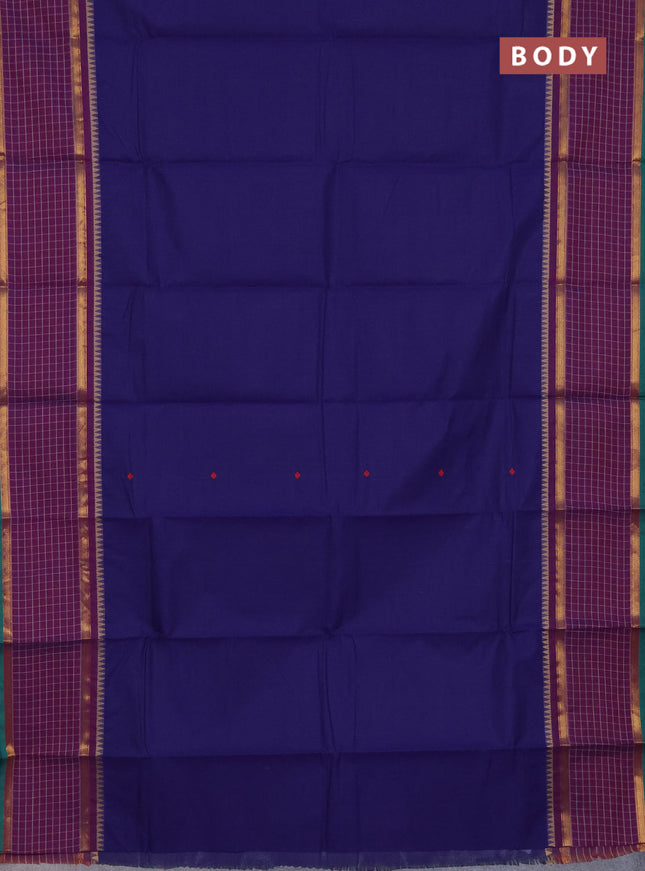 Chettinad cotton saree navy blue and green with thread woven buttas and rettapet zari checked border