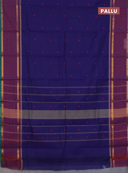 Chettinad cotton saree navy blue and green with thread woven buttas and rettapet zari checked border