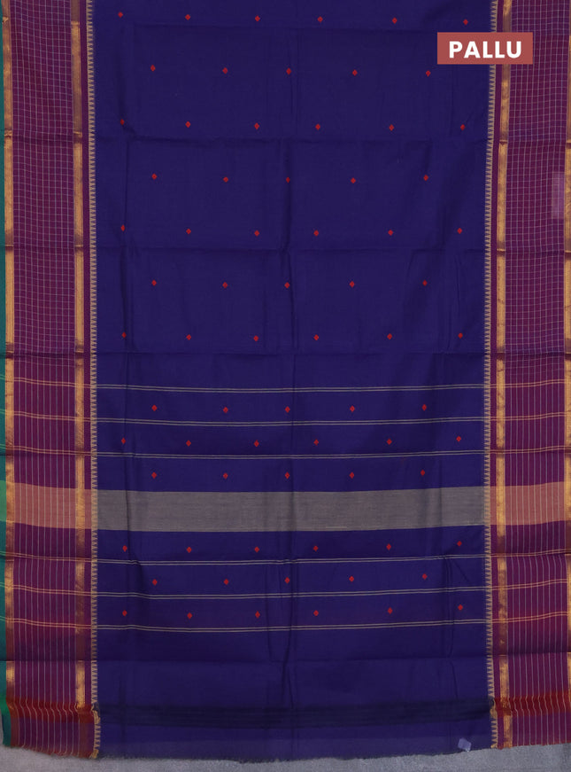 Chettinad cotton saree navy blue and green with thread woven buttas and rettapet zari checked border