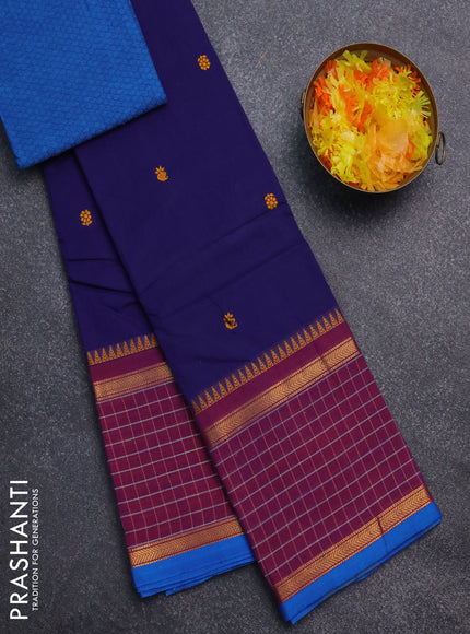 Chettinad cotton saree dark blue and cs blue with thread woven buttas and rettapet zari checked border