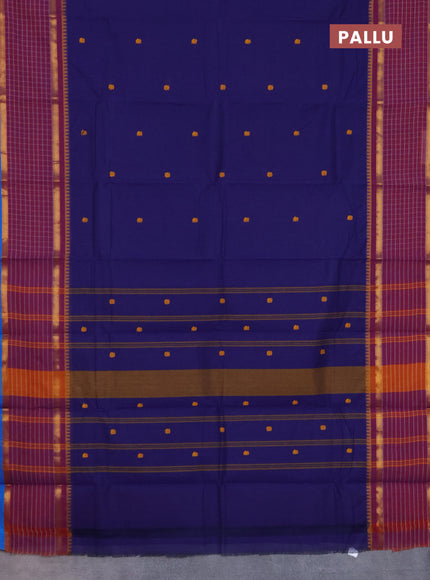 Chettinad cotton saree dark blue and cs blue with thread woven buttas and rettapet zari checked border