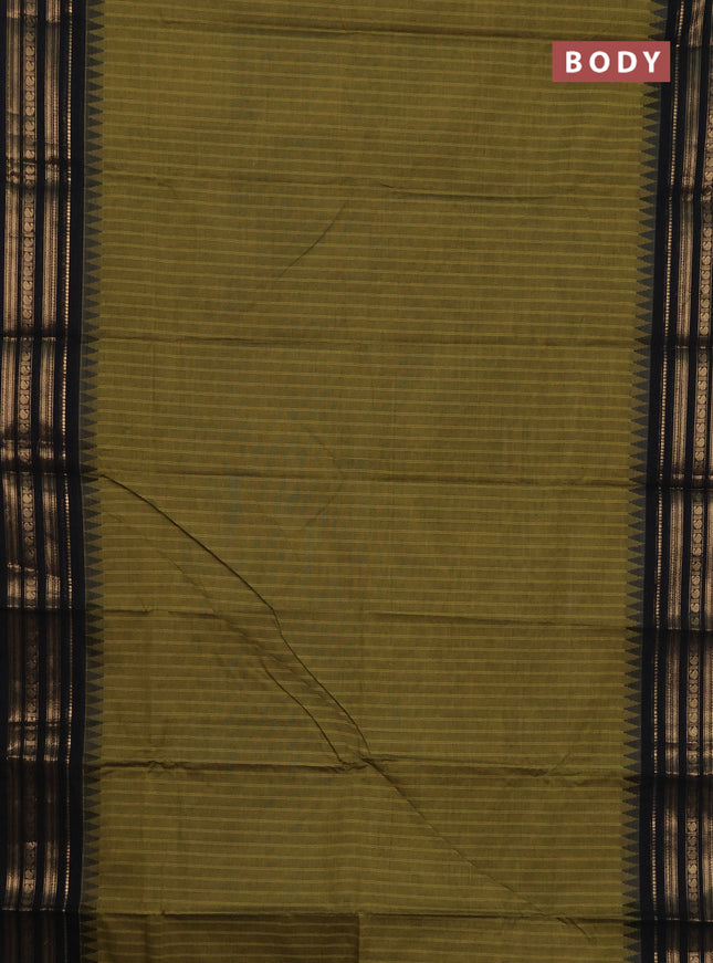 Chettinad cotton saree mehendi green and black with stripes pattern and temple woven zari border