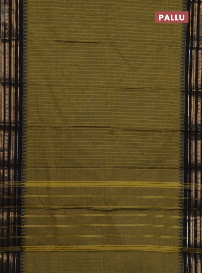 Chettinad cotton saree mehendi green and black with stripes pattern and temple woven zari border