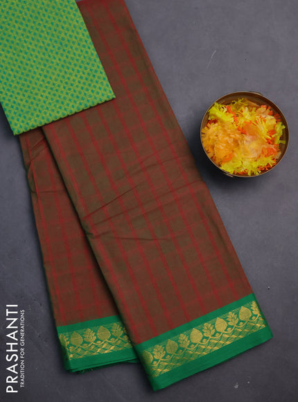 Chettinad cotton saree manthulir green and green with allover checked pattern and zari woven border