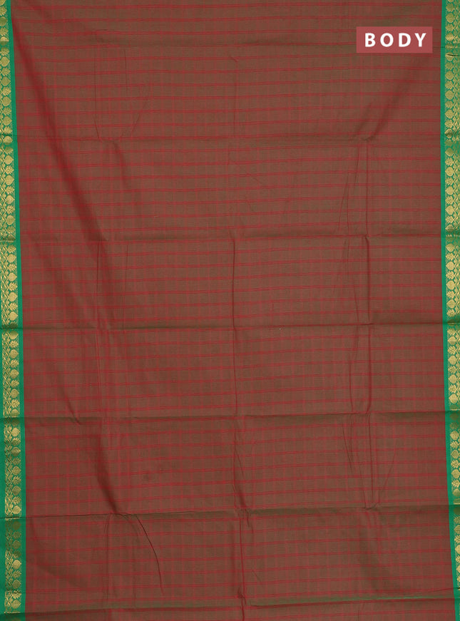 Chettinad cotton saree manthulir green and green with allover checked pattern and zari woven border