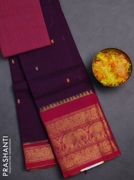 Chettinad cotton saree purple and pink with thread woven buttas and annam & elephant zari woven border