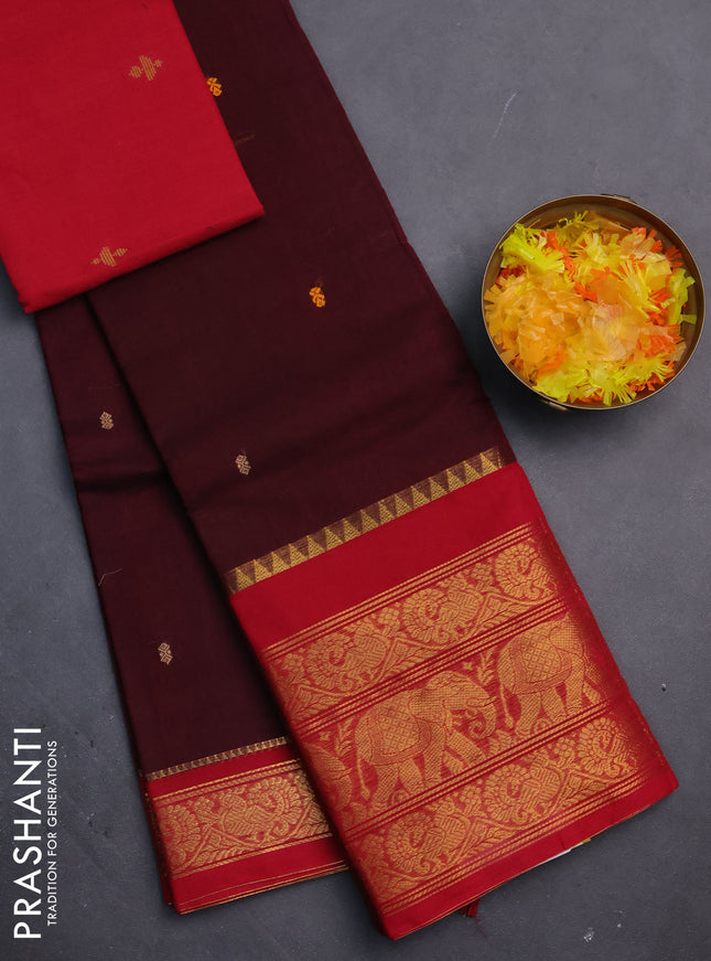 Chettinad cotton saree maroon and red with thread woven buttas and annam & elephant zari woven border