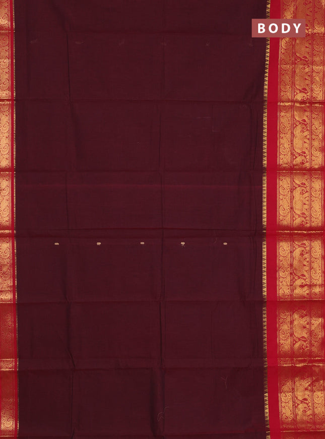 Chettinad cotton saree maroon and red with thread woven buttas and annam & elephant zari woven border