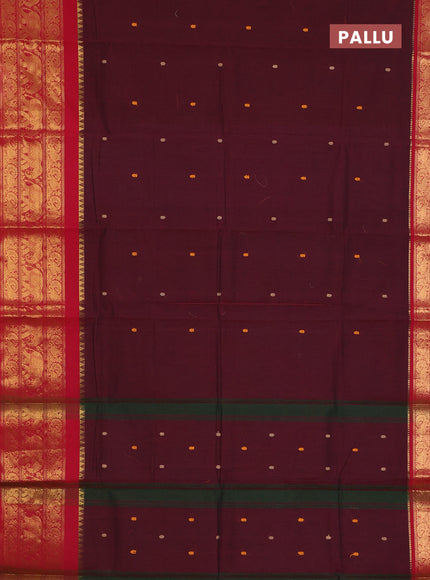 Chettinad cotton saree maroon and red with thread woven buttas and annam & elephant zari woven border