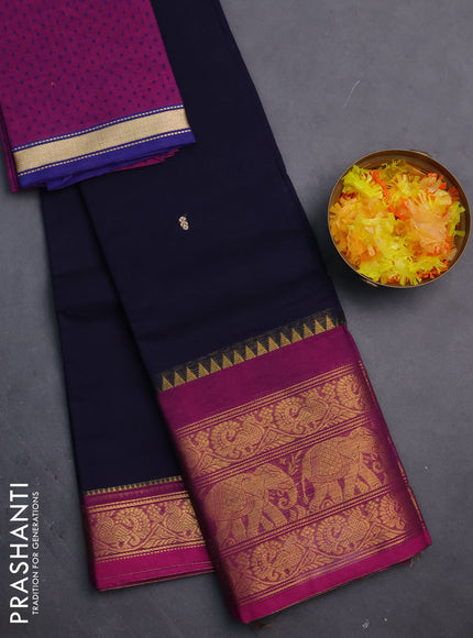 Chettinad cotton saree navy blue and magenta pink with thread woven buttas and annam & elephant zari woven border