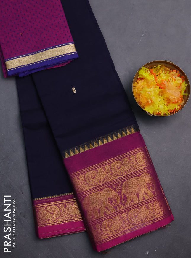 Chettinad cotton saree navy blue and magenta pink with thread woven buttas and annam & elephant zari woven border