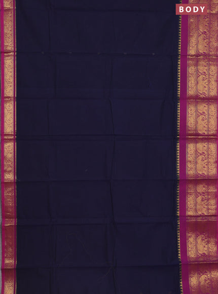 Chettinad cotton saree navy blue and magenta pink with thread woven buttas and annam & elephant zari woven border