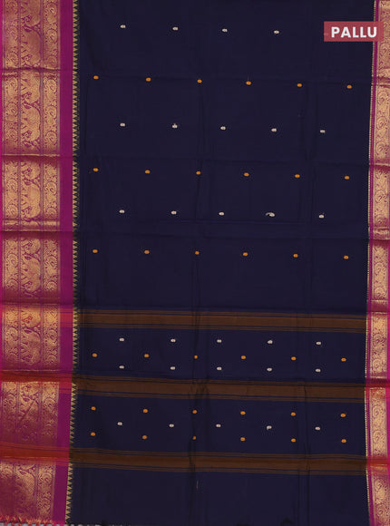 Chettinad cotton saree navy blue and magenta pink with thread woven buttas and annam & elephant zari woven border