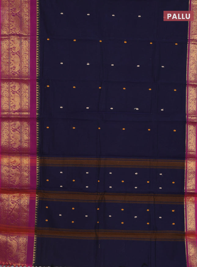 Chettinad cotton saree navy blue and magenta pink with thread woven buttas and annam & elephant zari woven border