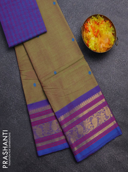 Chettinad cotton saree dual shade of green and dual shade of blue with thread woven buttas and temple disign zari woven border