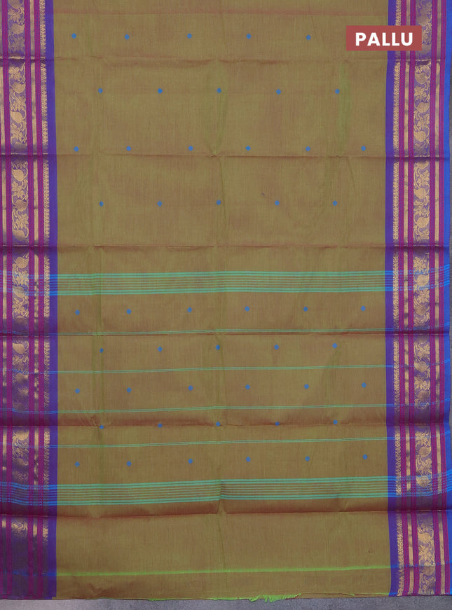 Chettinad cotton saree dual shade of green and dual shade of blue with thread woven buttas and temple disign zari woven border