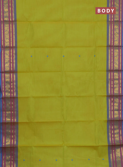 Chettinad cotton saree lime green and dual shade of blue with thread woven buttas and temple disign zari woven border