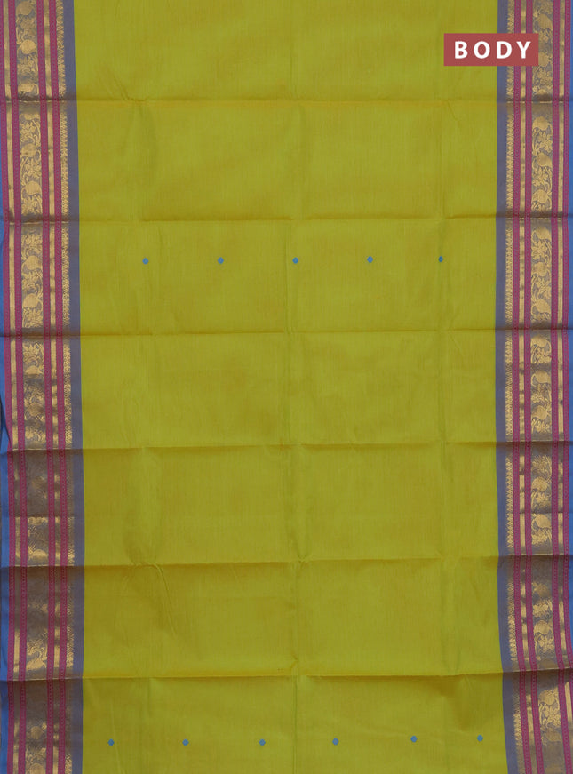 Chettinad cotton saree lime green and dual shade of blue with thread woven buttas and temple disign zari woven border