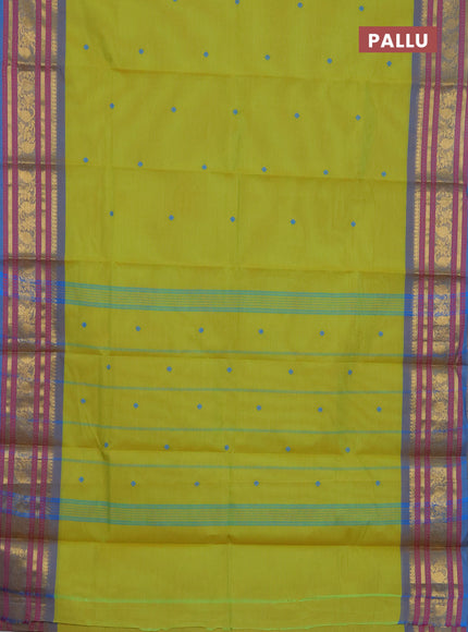 Chettinad cotton saree lime green and dual shade of blue with thread woven buttas and temple disign zari woven border