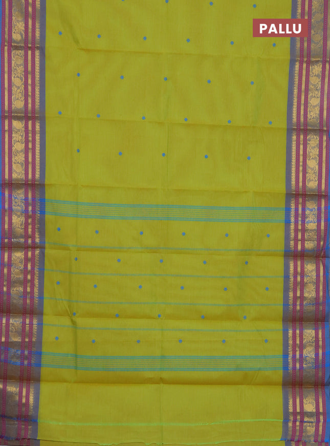 Chettinad cotton saree lime green and dual shade of blue with thread woven buttas and temple disign zari woven border