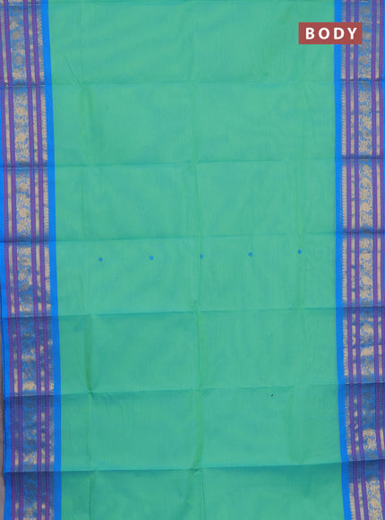 Chettinad cotton saree teal green and blue with thread woven buttas and temple disign zari woven border