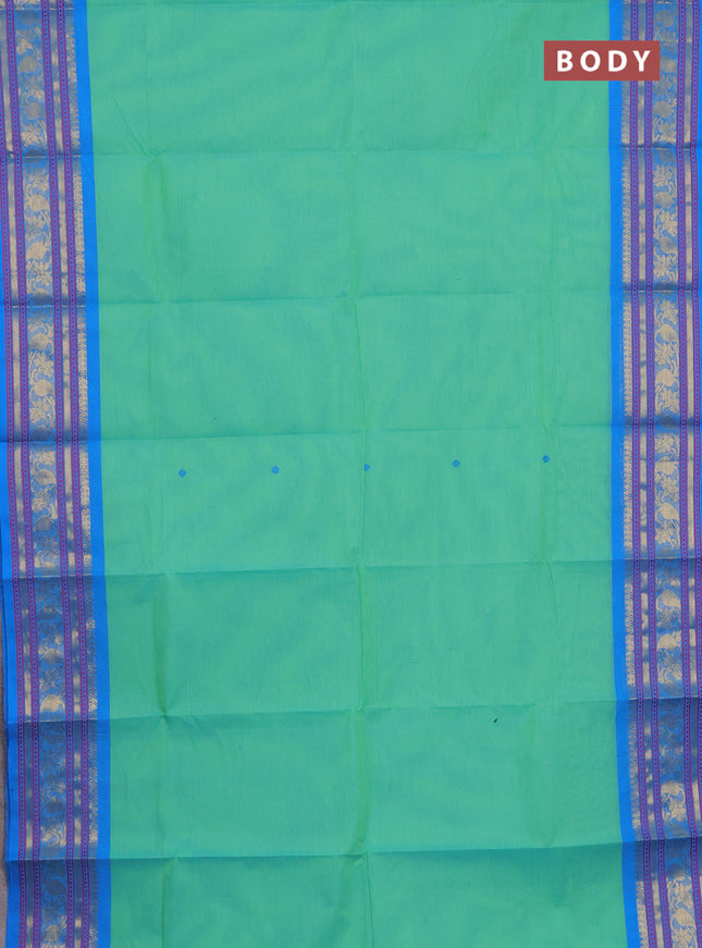 Chettinad cotton saree teal green and blue with thread woven buttas and temple disign zari woven border