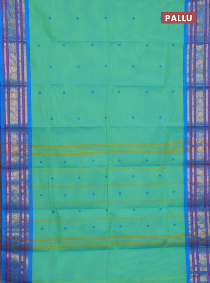 Chettinad cotton saree teal green and blue with thread woven buttas and temple disign zari woven border