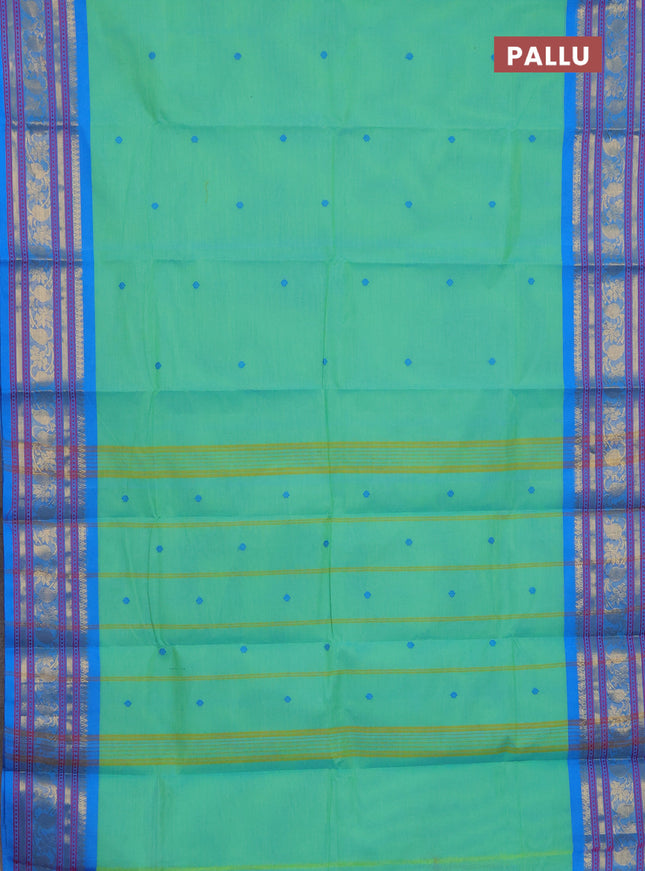 Chettinad cotton saree teal green and blue with thread woven buttas and temple disign zari woven border