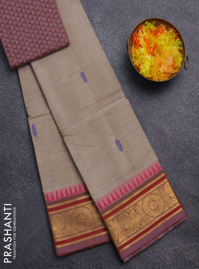 Chettinad cotton saree beige and maroon with thread woven buttas and temple disign zari woven border