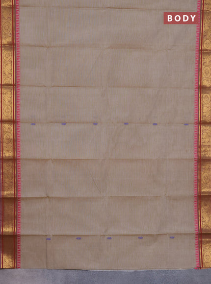 Chettinad cotton saree beige and maroon with thread woven buttas and temple disign zari woven border