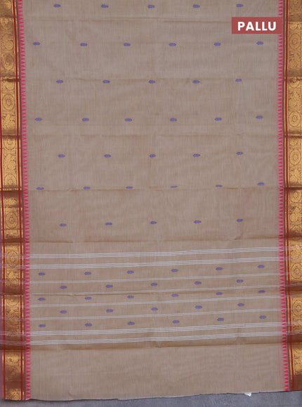 Chettinad cotton saree beige and maroon with thread woven buttas and temple disign zari woven border
